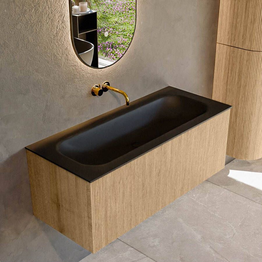 Mondiaz KURVE 110 cm Onderkast Greeploos 1 Lade Zonder Deuren Oak Wastafel Solid Surface Volledig Urban 0 Kraangaten Zonder Spiegel (KRVBGM1101L0D0KM-Oak Urb)