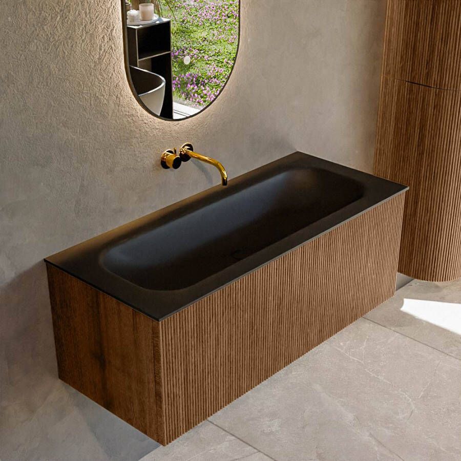 Mondiaz KURVE 110 cm Onderkast Greeploos 1 Lade Zonder Deuren Walnut Wastafel Solid Surface Volledig Urban 0 Kraangaten Zonder Spiegel (KRVBGM1101L0D0KM-Wal Urb)