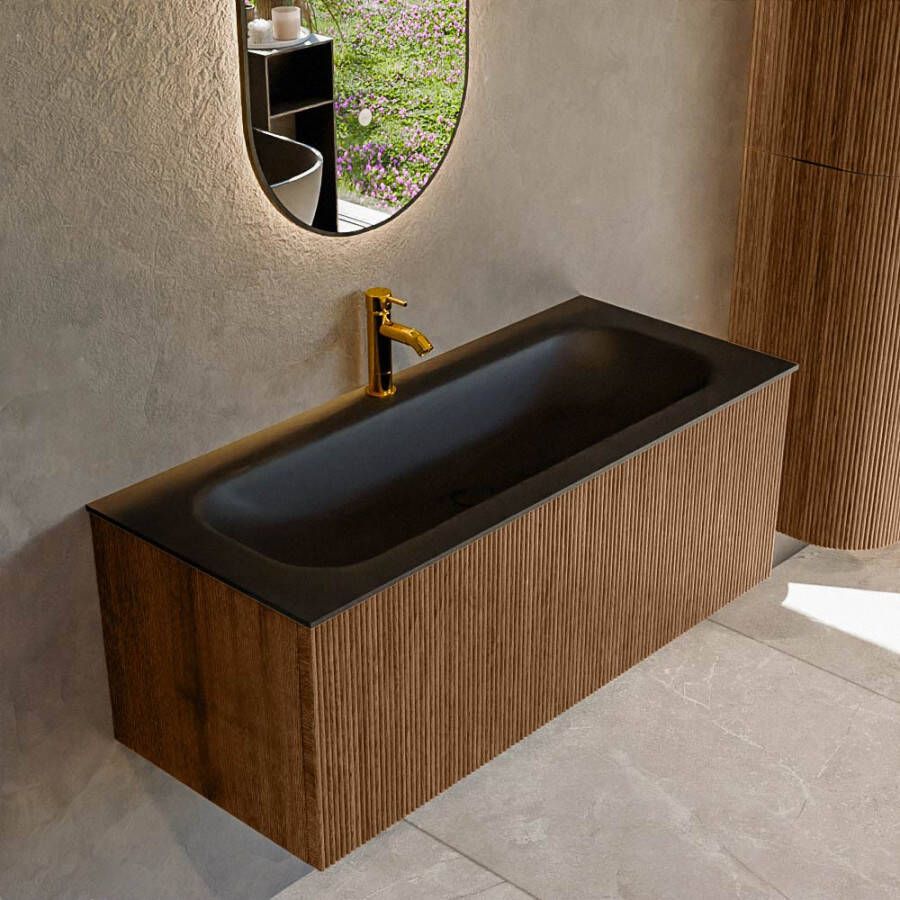 Mondiaz KURVE 110 cm Onderkast Greeploos 1 Lade Zonder Deuren Walnut Wastafel Solid Surface Volledig Urban 1 Kraangat Zonder Spiegel (KRVBGM1101L0D1KM-Wal Urb)