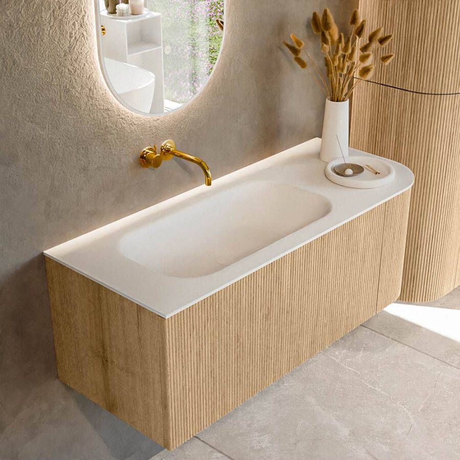 Mondiaz KURVE 115 cm Onderkast Greeploos 1 Lade Met Deuren Oak Wastafel Solid Surface Links Talc 0 Kraangaten Zonder Spiegel (KRVBGS115R1L1D0KL-Oak Tal)