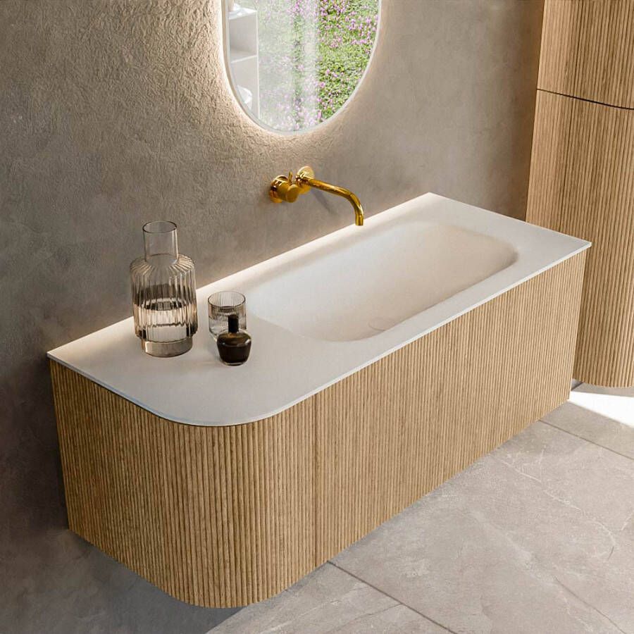 Mondiaz KURVE 115 cm Onderkast Greeploos 1 Lade Met Deuren Oak Wastafel Solid Surface Rechts Talc 0 Kraangaten Zonder Spiegel (KRVBGS115L1L1D0KR-Oak Tal)