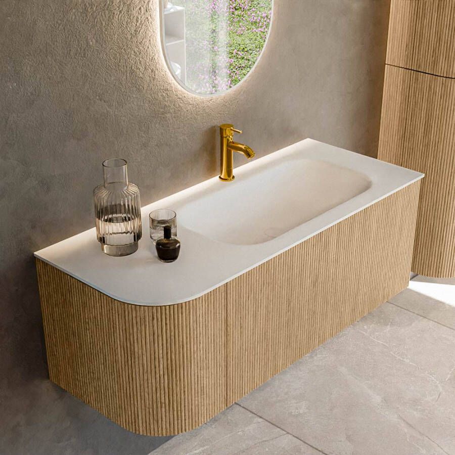 Mondiaz KURVE 115 cm Onderkast Greeploos 1 Lade Met Deuren Oak Wastafel Solid Surface Rechts Talc 1 Kraangat Zonder Spiegel (KRVBGS115L1L1D1KR-Oak Tal)