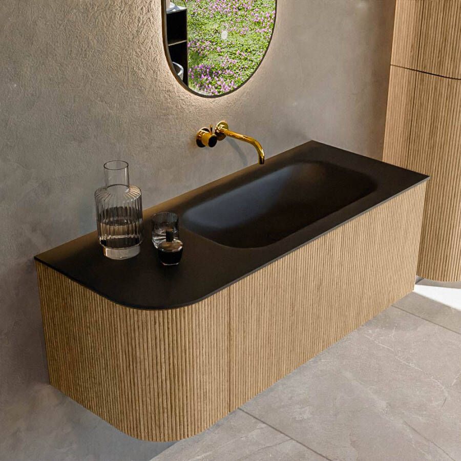 Mondiaz KURVE 115 cm Onderkast Greeploos 1 Lade Met Deuren Oak Wastafel Solid Surface Rechts Urban 0 Kraangaten Zonder Spiegel (KRVBGS115L1L1D0KR-Oak Urb)