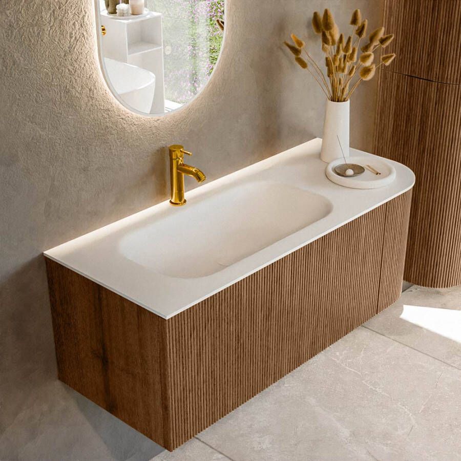 Mondiaz KURVE 115 cm Onderkast Greeploos 1 Lade Met Deuren Walnut Wastafel Solid Surface Links Talc 1 Kraangat Zonder Spiegel (KRVBGS115R1L1D1KL-Wal Tal)