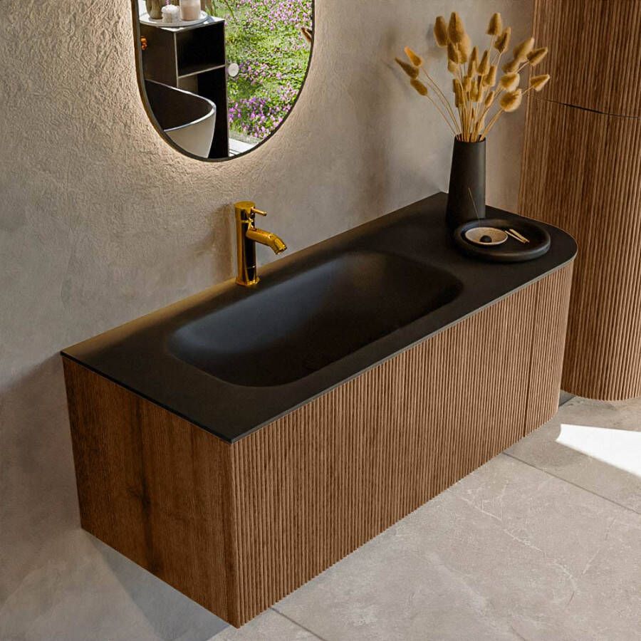 Mondiaz KURVE 115 cm Onderkast Greeploos 1 Lade Met Deuren Walnut Wastafel Solid Surface Links Urban 1 Kraangat Zonder Spiegel (KRVBGS115R1L1D1KL-Wal Urb)
