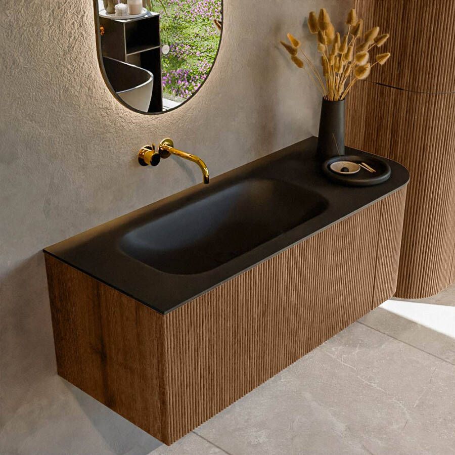 Mondiaz KURVE 115 cm Onderkast Greeploos 1 Lade Met Deuren Walnut Wastafel Solid Surface Links Urban 0 Kraangaten Zonder Spiegel (KRVBGS115R1L1D0KL-Wal Urb)