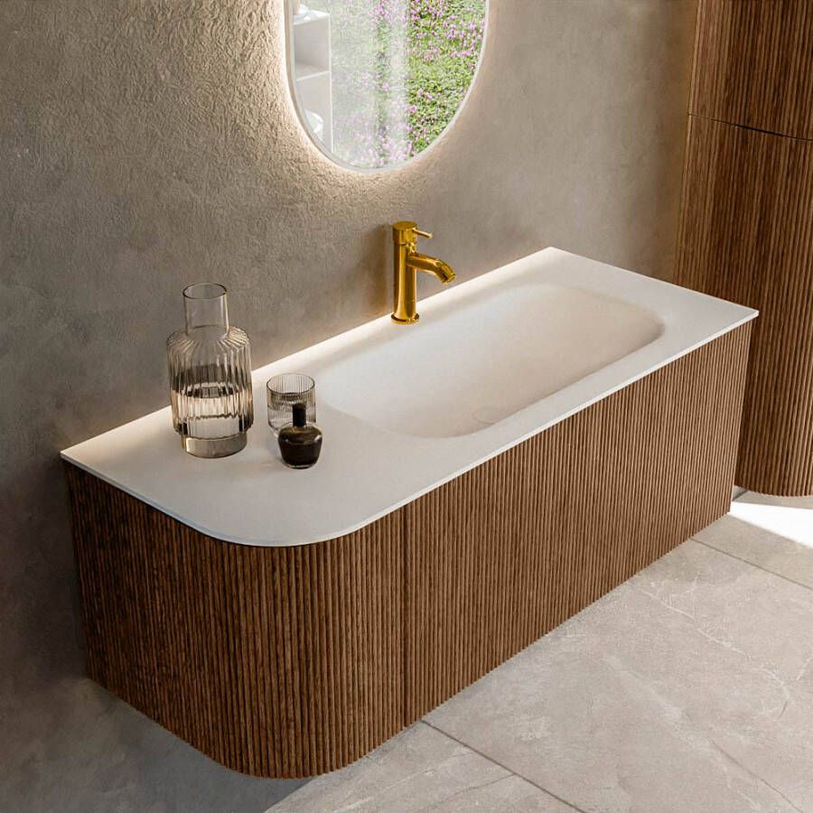 Mondiaz KURVE 115 cm Onderkast Greeploos 1 Lade Met Deuren Walnut Wastafel Solid Surface Rechts Talc 1 Kraangat Zonder Spiegel (KRVBGS115L1L1D1KR-Wal Tal)