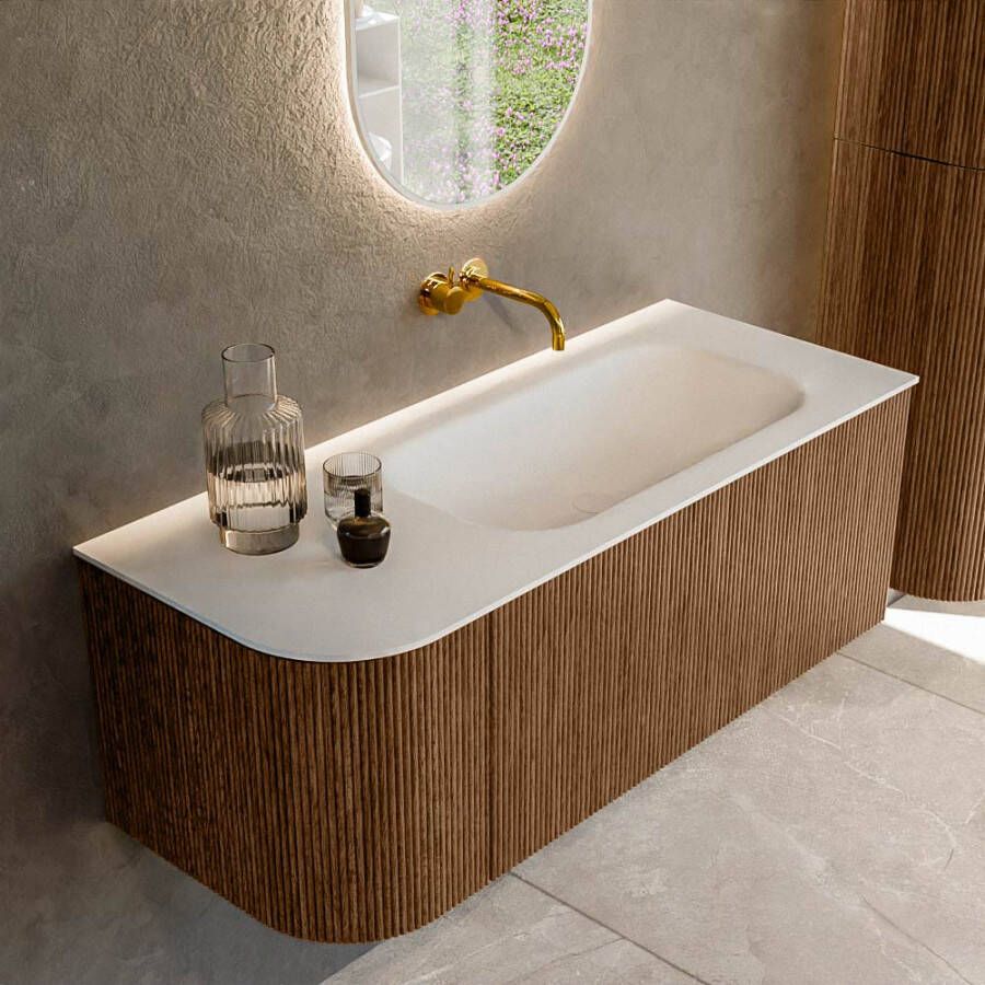 Mondiaz KURVE 115 cm Onderkast Greeploos 1 Lade Met Deuren Walnut Wastafel Solid Surface Rechts Talc 0 Kraangaten Zonder Spiegel (KRVBGS115L1L1D0KR-Wal Tal)