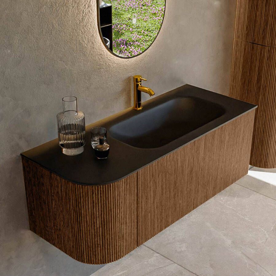 Mondiaz KURVE 115 cm Onderkast Greeploos 1 Lade Met Deuren Walnut Wastafel Solid Surface Rechts Urban 1 Kraangat Zonder Spiegel (KRVBGS115L1L1D1KR-Wal Urb)