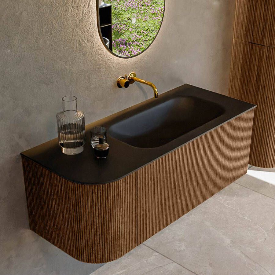 Mondiaz KURVE 115 cm Onderkast Greeploos 1 Lade Met Deuren Walnut Wastafel Solid Surface Rechts Urban 0 Kraangaten Zonder Spiegel (KRVBGS115L1L1D0KR-Wal Urb)