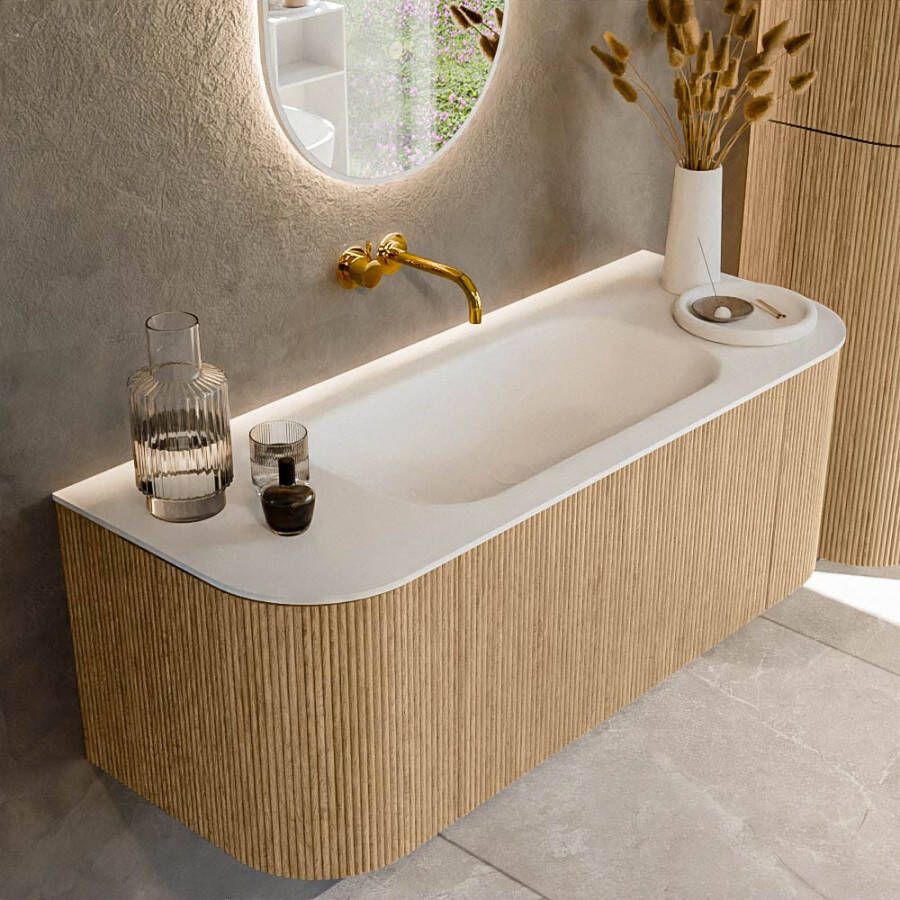 Mondiaz KURVE 120cm badmeubel met module 25 Len R kleur Oak met 1 lade en 2 deuren. Wastafel BIG SMALL midden zonder kraangat Talc. KRVBGS120L+R1L2D0KM-Oak Tal