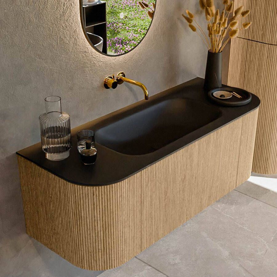 Mondiaz KURVE 120cm badmeubel met module 25 Len R kleur Oak met 1 lade en 2 deuren. Wastafel BIG SMALL midden zonder kraangat Urban. KRVBGS120L+R1L2D0KM-Oak Urb