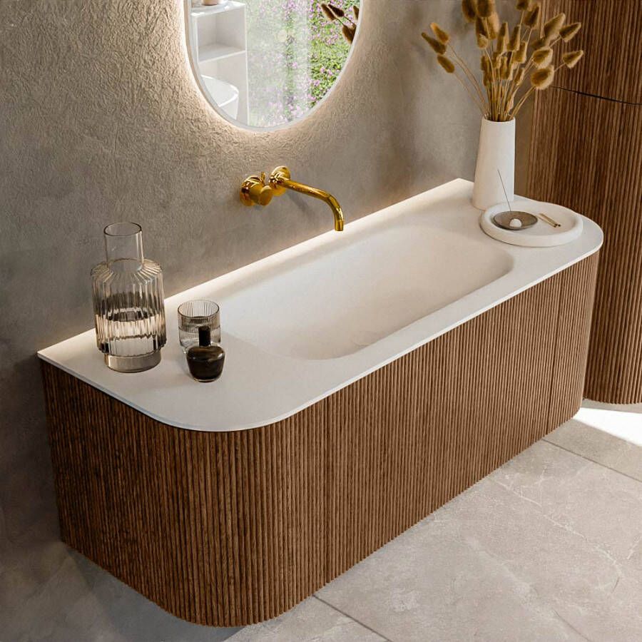 Mondiaz KURVE 120cm badmeubel met module 25 Len R kleur Walnut met 1 lade en 2 deuren. Wastafel BIG SMALL midden zonder kraangat Talc. KRVBGS120L+R1L2D0KM-Wal Tal