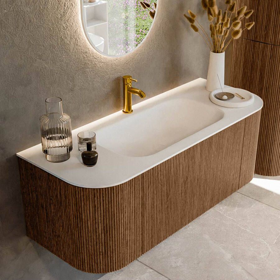 Mondiaz KURVE 120cm badmeubel met module 25 Len R kleur Walnut met 1 lade en 2 deuren. Wastafel BIG SMALL midden 1 kraangat Talc. KRVBGS120L+R1L2D1KM-Wal Tal