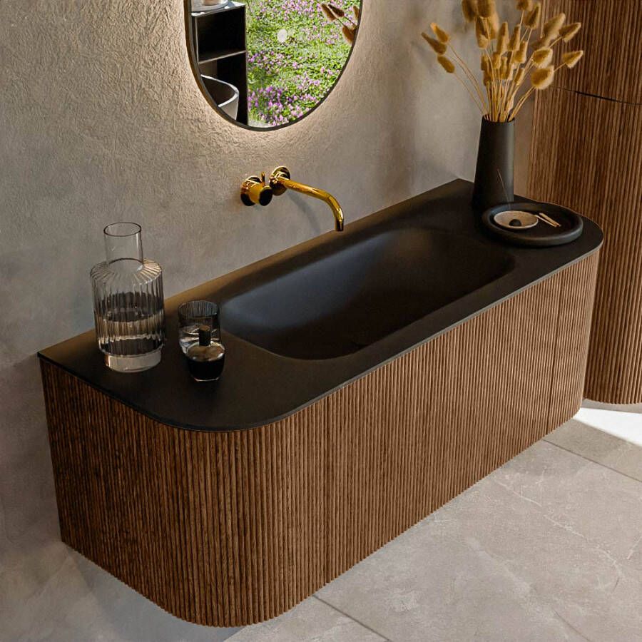 Mondiaz KURVE 120cm badmeubel met module 25 Len R kleur Walnut met 1 lade en 2 deuren. Wastafel BIG SMALL midden zonder kraangat Urban. KRVBGS120L+R1L2D0KM-Wal Urb