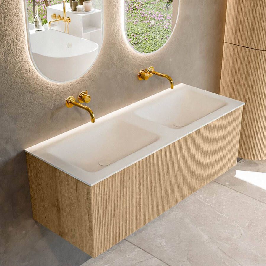 Mondiaz KURVE 120 cm Onderkast Greeploos 1 Lade Zonder Deuren Oak Wastafel Solid Surface Dubbel Talc 0 Kraangaten Zonder Spiegel (KRVCLO1201L0D0KD-Oak Tal)