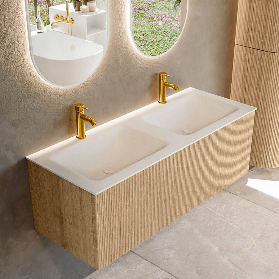 Mondiaz KURVE 120 cm Onderkast Greeploos 1 Lade Zonder Deuren Oak Wastafel Solid Surface Dubbel Talc 2 Kraangaten Zonder Spiegel (KRVCLO1201L0D2KD-Oak Tal)