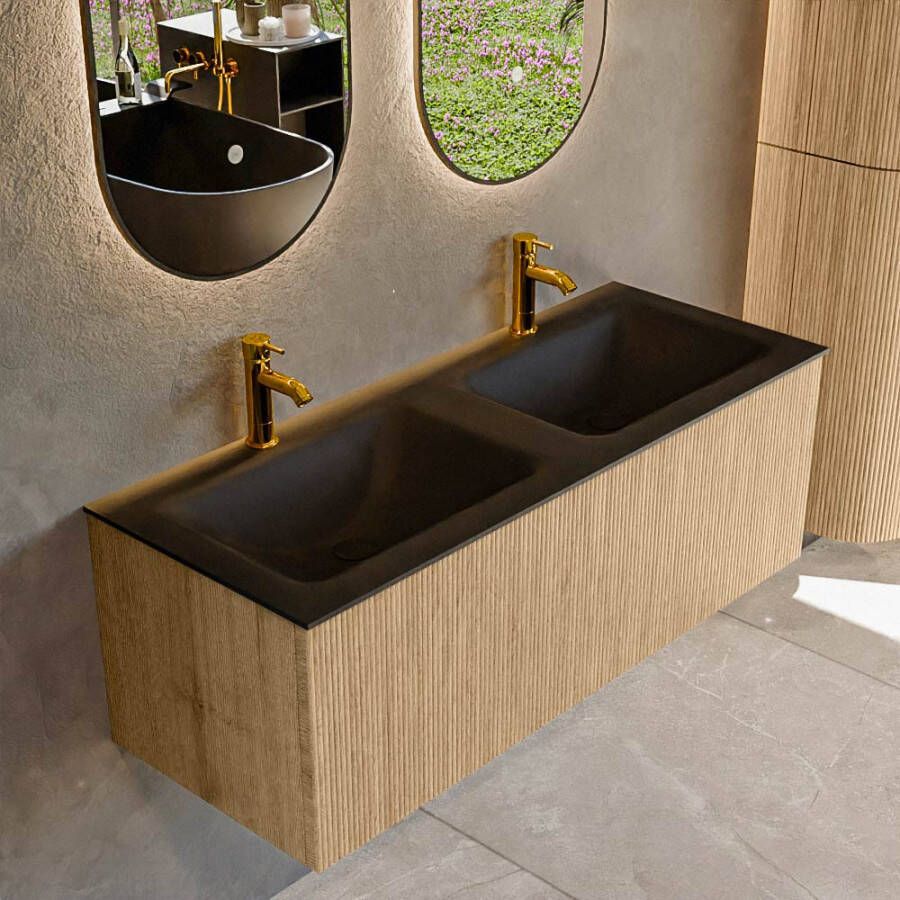 Mondiaz KURVE 120 cm Onderkast Greeploos 1 Lade Zonder Deuren Oak Wastafel Solid Surface Dubbel Urban 2 Kraangaten Zonder Spiegel (KRVCLO1201L0D2KD-Oak Urb)