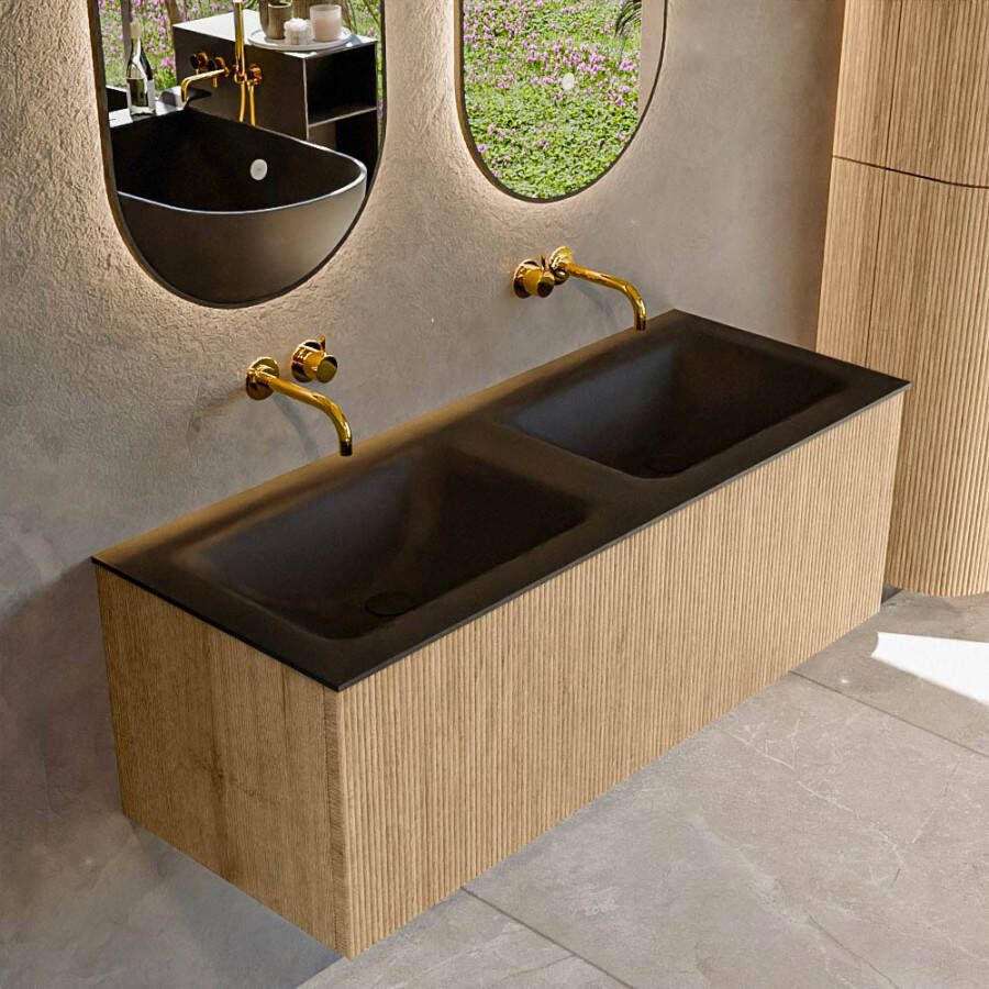 Mondiaz KURVE 120 cm Onderkast Greeploos 1 Lade Zonder Deuren Oak Wastafel Solid Surface Dubbel Urban 0 Kraangaten Zonder Spiegel (KRVCLO1201L0D0KD-Oak Urb)