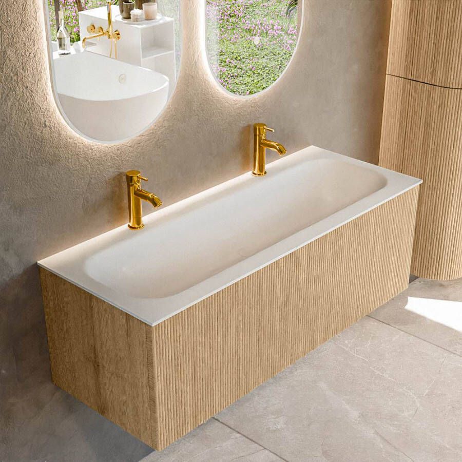 Mondiaz KURVE 120 cm Onderkast Greeploos 1 Lade Zonder Deuren Oak Wastafel Solid Surface Volledig Talc 2 Kraangaten Zonder Spiegel (KRVBGL1201L0D2KM-Oak Tal)