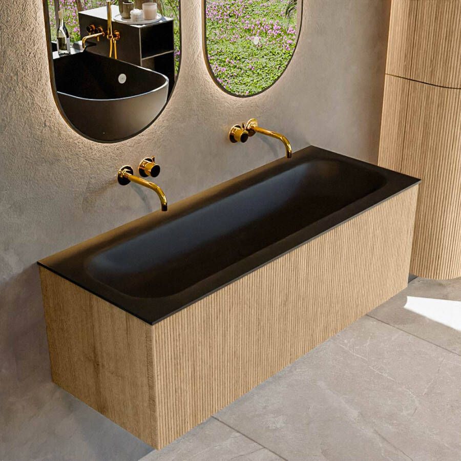 Mondiaz KURVE 120 cm Onderkast Greeploos 1 Lade Zonder Deuren Oak Wastafel Solid Surface Volledig Urban 0 Kraangaten Zonder Spiegel (KRVBGL1201L0D0KM-Oak Urb)