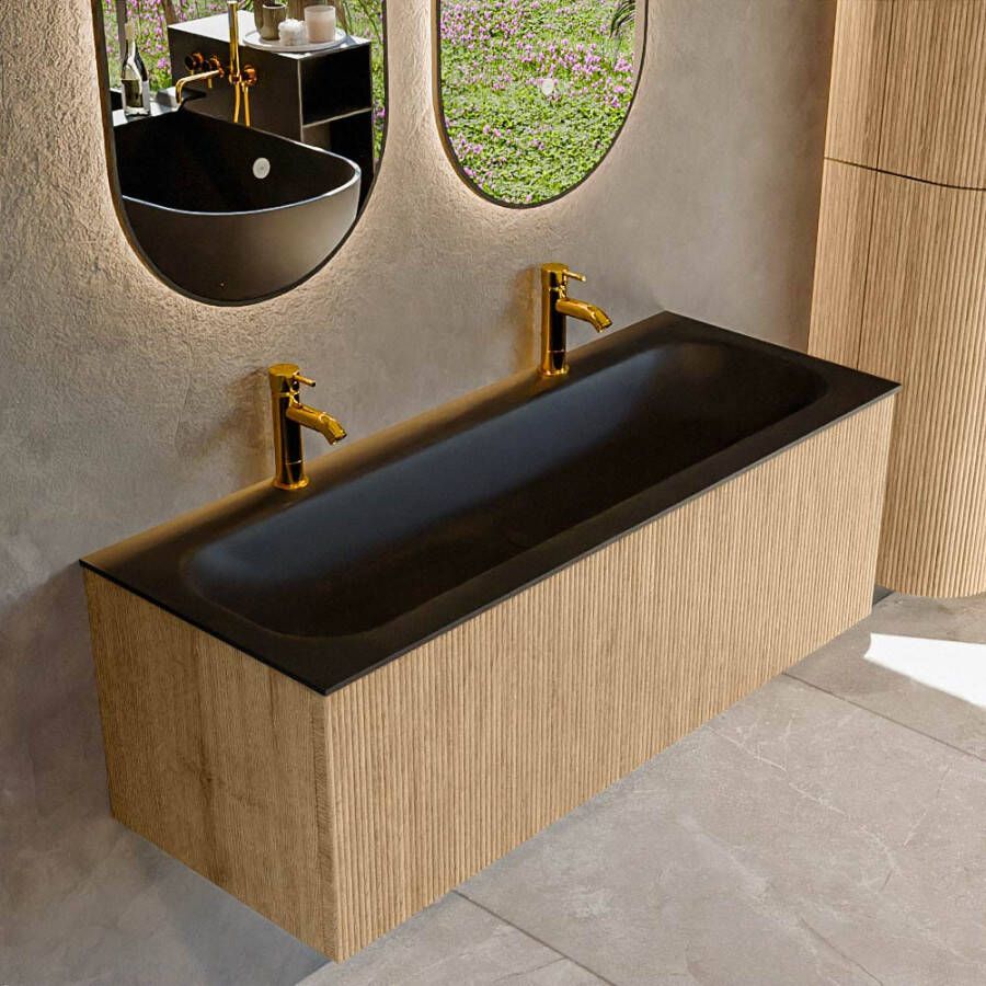 Mondiaz KURVE 120 cm Onderkast Greeploos 1 Lade Zonder Deuren Oak Wastafel Solid Surface Volledig Urban 2 Kraangaten Zonder Spiegel (KRVBGL1201L0D2KM-Oak Urb)