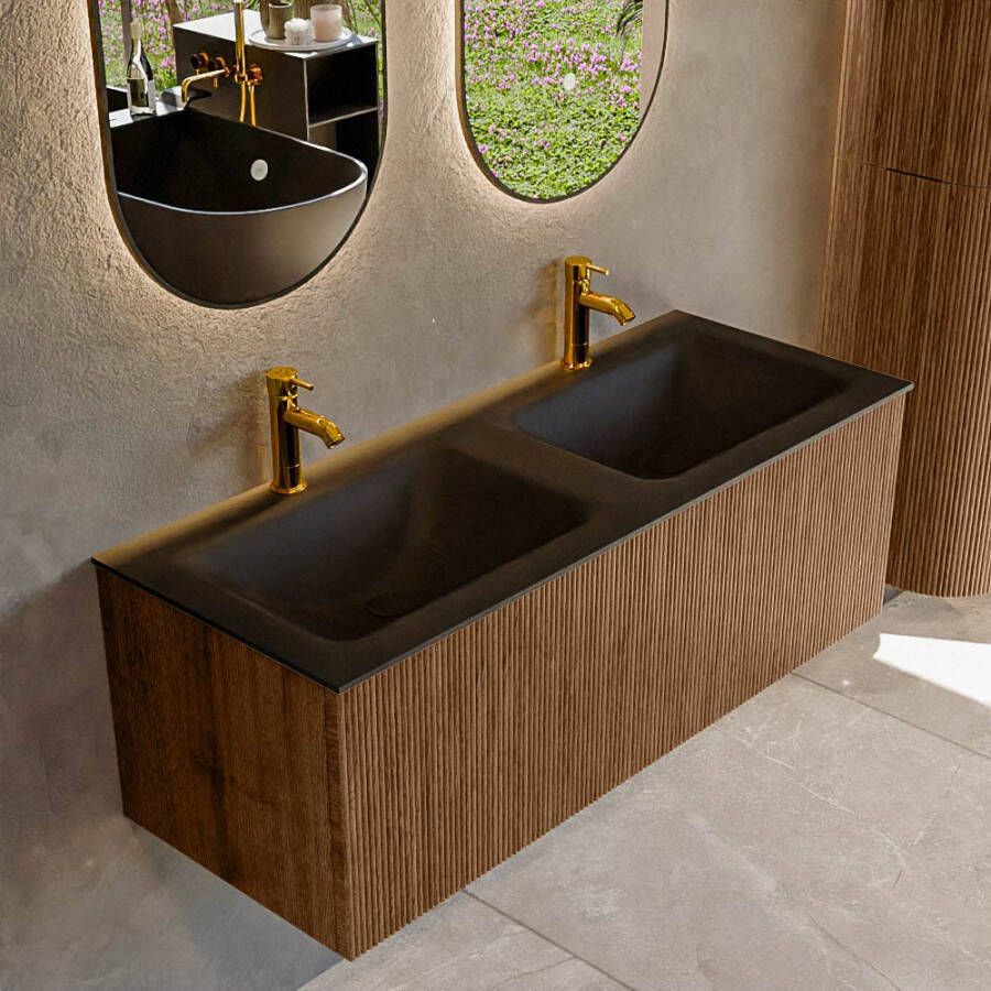 Mondiaz KURVE 120 cm Onderkast Greeploos 1 Lade Zonder Deuren Walnut Wastafel Solid Surface Dubbel Urban 2 Kraangaten Zonder Spiegel (KRVCLO1201L0D2KD-Wal Urb)