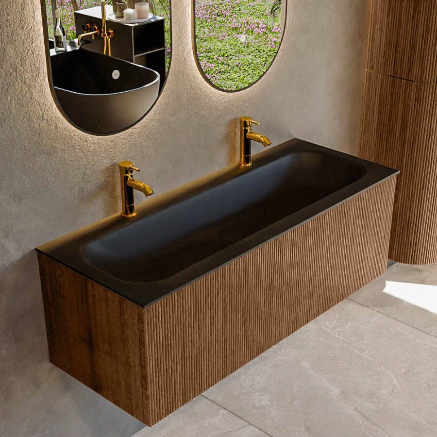 Mondiaz KURVE 120 cm Onderkast Greeploos 1 Lade Zonder Deuren Walnut Wastafel Solid Surface Volledig Urban 2 Kraangaten Zonder Spiegel (KRVBGL1201L0D2KM-Wal Urb)