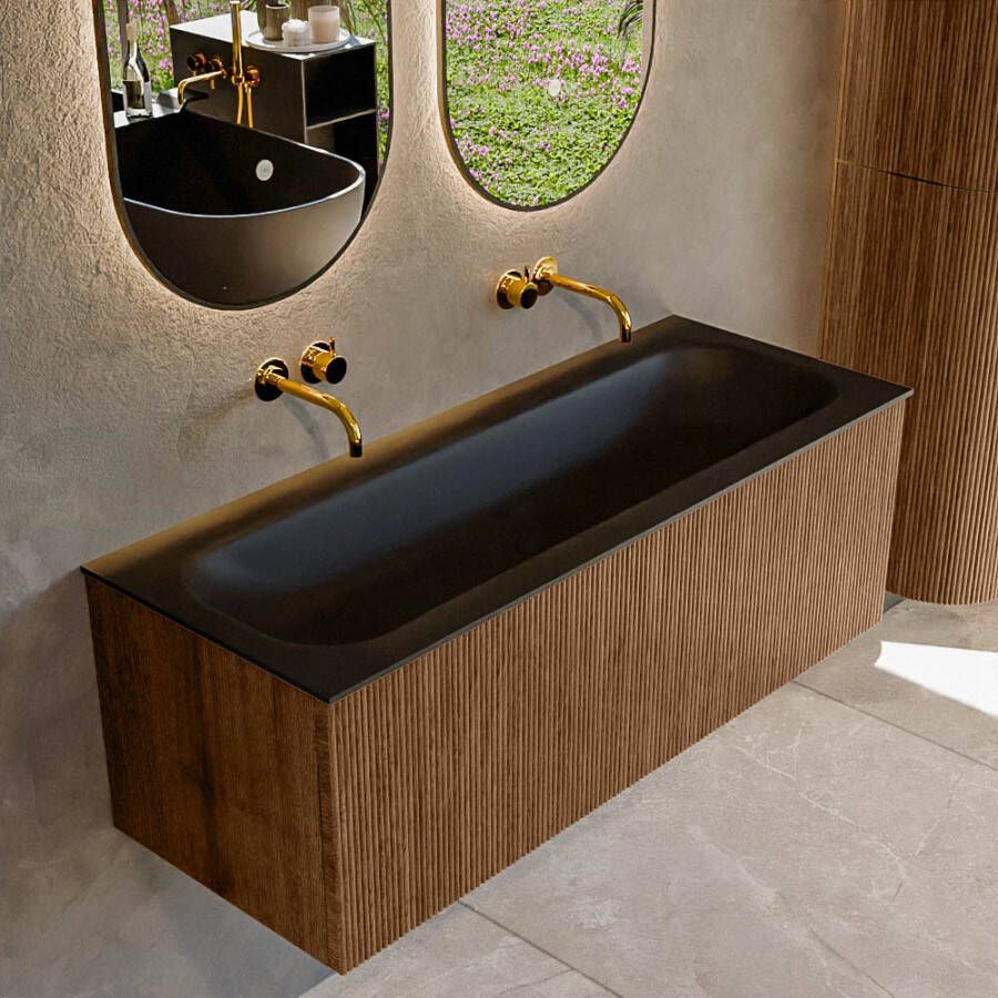 Mondiaz KURVE 120 cm Onderkast Greeploos 1 Lade Zonder Deuren Walnut Wastafel Solid Surface Volledig Urban 0 Kraangaten Zonder Spiegel (KRVBGL1201L0D0KM-Wal Urb)