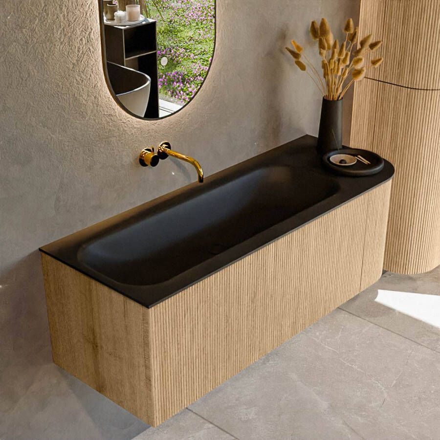 Mondiaz KURVE 125 cm Onderkast Greeploos 1 Lade Met Deuren Oak Wastafel Solid Surface Links Urban 0 Kraangaten Zonder Spiegel (KRVBGM125R1L1D0KL-Oak Urb)