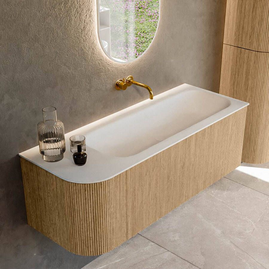 Mondiaz KURVE 125 cm Onderkast Greeploos 1 Lade Met Deuren Oak Wastafel Solid Surface Rechts Talc 0 Kraangaten Zonder Spiegel (KRVBGM125L1L1D0KR-Oak Tal)