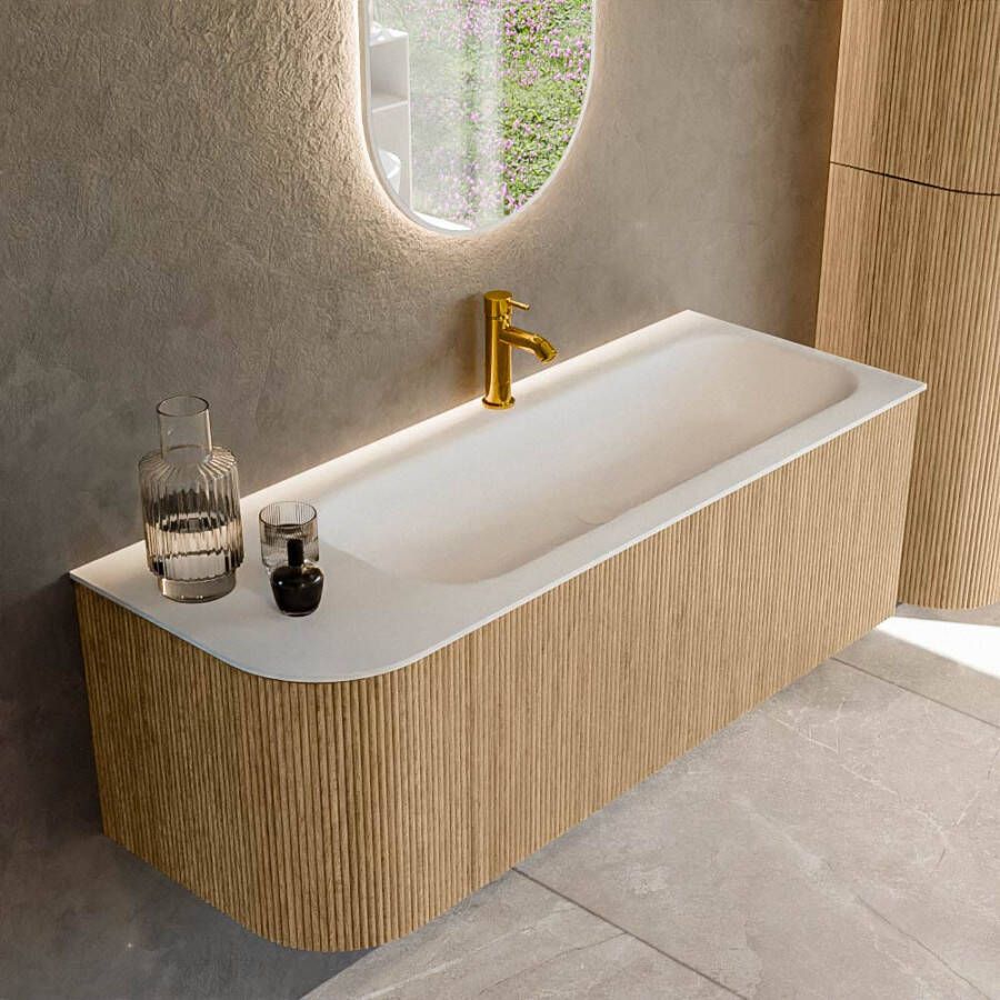 Mondiaz KURVE 125 cm Onderkast Greeploos 1 Lade Met Deuren Oak Wastafel Solid Surface Rechts Talc 1 Kraangat Zonder Spiegel (KRVBGM125L1L1D1KR-Oak Tal)