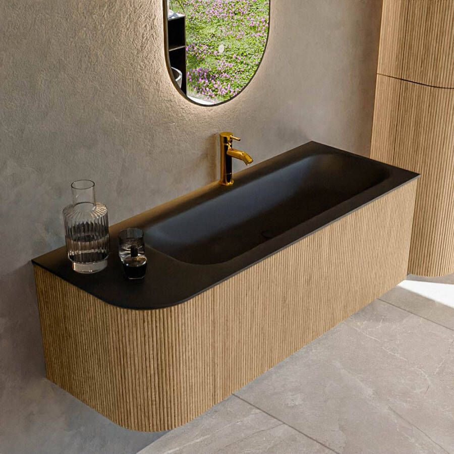 Mondiaz KURVE 125 cm Onderkast Greeploos 1 Lade Met Deuren Oak Wastafel Solid Surface Rechts Urban 1 Kraangat Zonder Spiegel (KRVBGM125L1L1D1KR-Oak Urb)