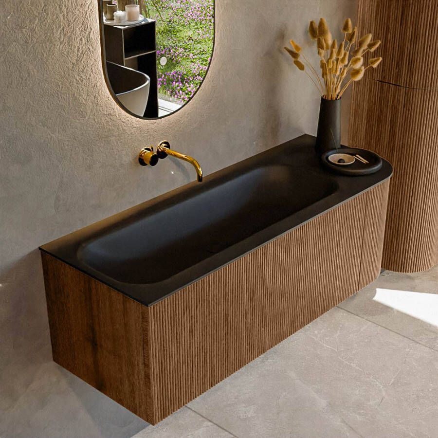 Mondiaz KURVE 125 cm Onderkast Greeploos 1 Lade Met Deuren Walnut Wastafel Solid Surface Links Urban 0 Kraangaten Zonder Spiegel (KRVBGM125R1L1D0KL-Wal Urb)