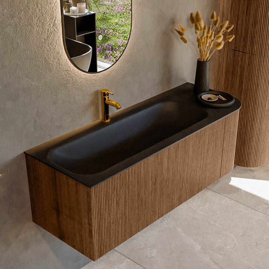 Mondiaz KURVE 125 cm Onderkast Greeploos 1 Lade Met Deuren Walnut Wastafel Solid Surface Links Urban 1 Kraangat Zonder Spiegel (KRVBGM125R1L1D1KL-Wal Urb)