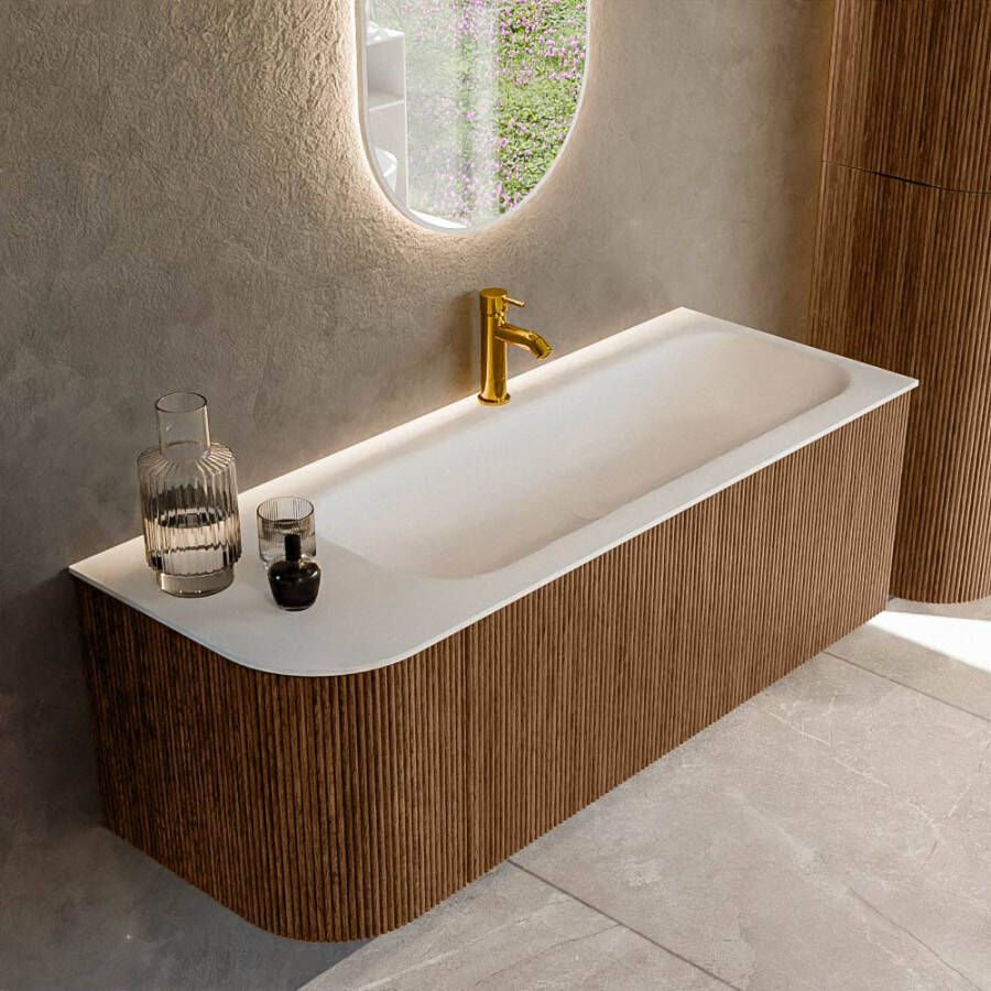 Mondiaz KURVE 125 cm Onderkast Greeploos 1 Lade Met Deuren Walnut Wastafel Solid Surface Rechts Talc 1 Kraangat Zonder Spiegel (KRVBGM125L1L1D1KR-Wal Tal)