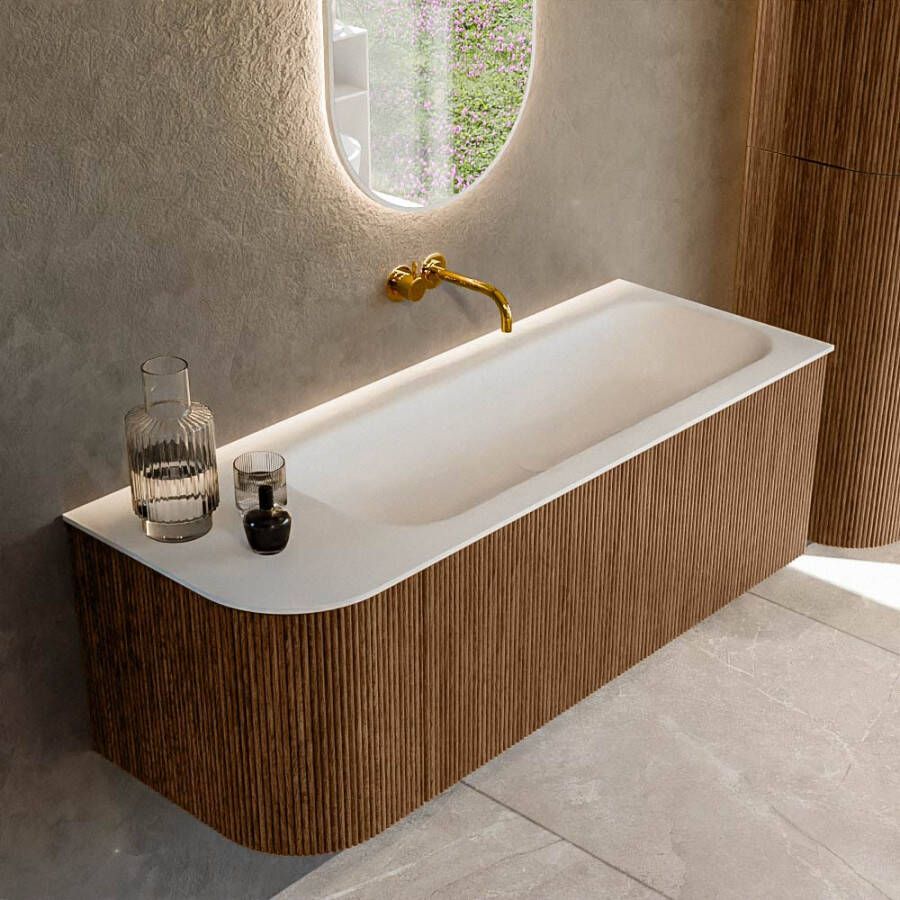 Mondiaz KURVE 125 cm Onderkast Greeploos 1 Lade Met Deuren Walnut Wastafel Solid Surface Rechts Talc 0 Kraangaten Zonder Spiegel (KRVBGM125L1L1D0KR-Wal Tal)