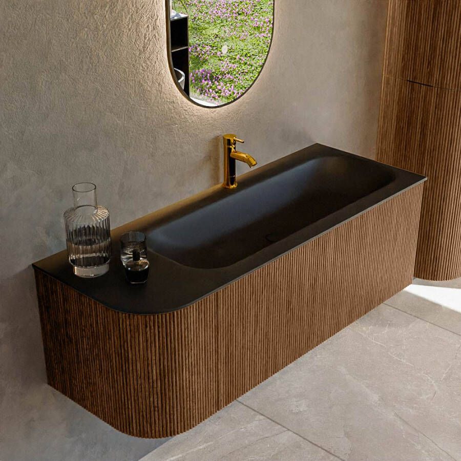 Mondiaz KURVE 125 cm Onderkast Greeploos 1 Lade Met Deuren Walnut Wastafel Solid Surface Rechts Urban 1 Kraangat Zonder Spiegel (KRVBGM125L1L1D1KR-Wal Urb)