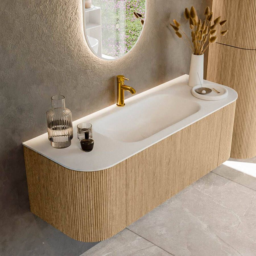 Mondiaz KURVE 130cm badmeubel met module 25 Len R kleur Oak met 1 lade en 2 deuren. Wastafel BIG SMALL midden 1 kraangat Talc. KRVBGS130L+R1L2D1KM-Oak Tal