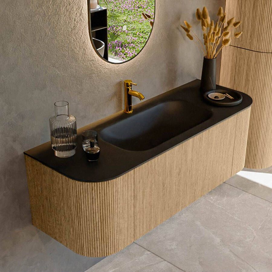 Mondiaz KURVE 130cm badmeubel met module 25 Len R kleur Oak met 1 lade en 2 deuren. Wastafel BIG SMALL midden 1 kraangat Urban. KRVBGS130L+R1L2D1KM-Oak Urb