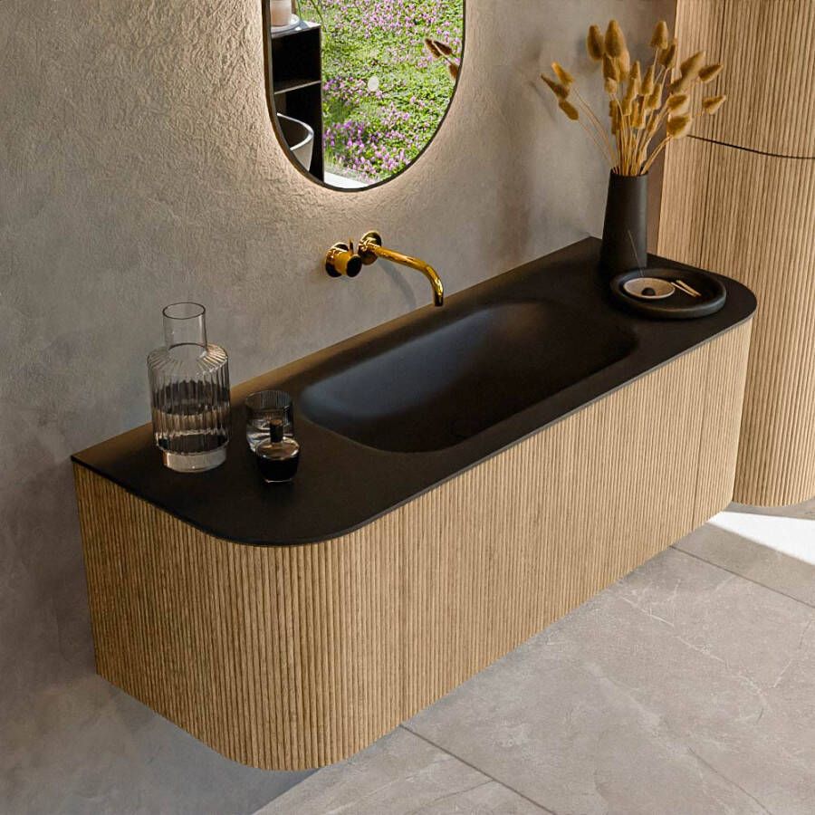 Mondiaz KURVE 130cm badmeubel met module 25 Len R kleur Oak met 1 lade en 2 deuren. Wastafel BIG SMALL midden zonder kraangat Urban. KRVBGS130L+R1L2D0KM-Oak Urb