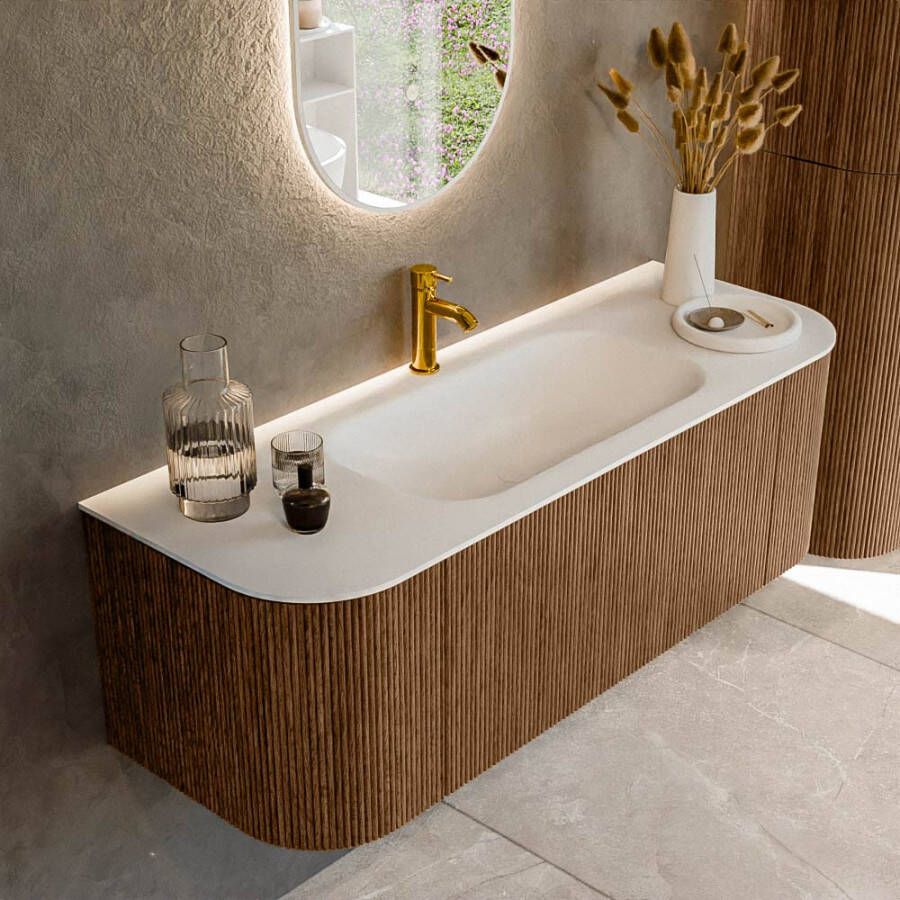 Mondiaz KURVE 130cm badmeubel met module 25 Len R kleur Walnut met 1 lade en 2 deuren. Wastafel BIG SMALL midden 1 kraangat Talc. KRVBGS130L+R1L2D1KM-Wal Tal