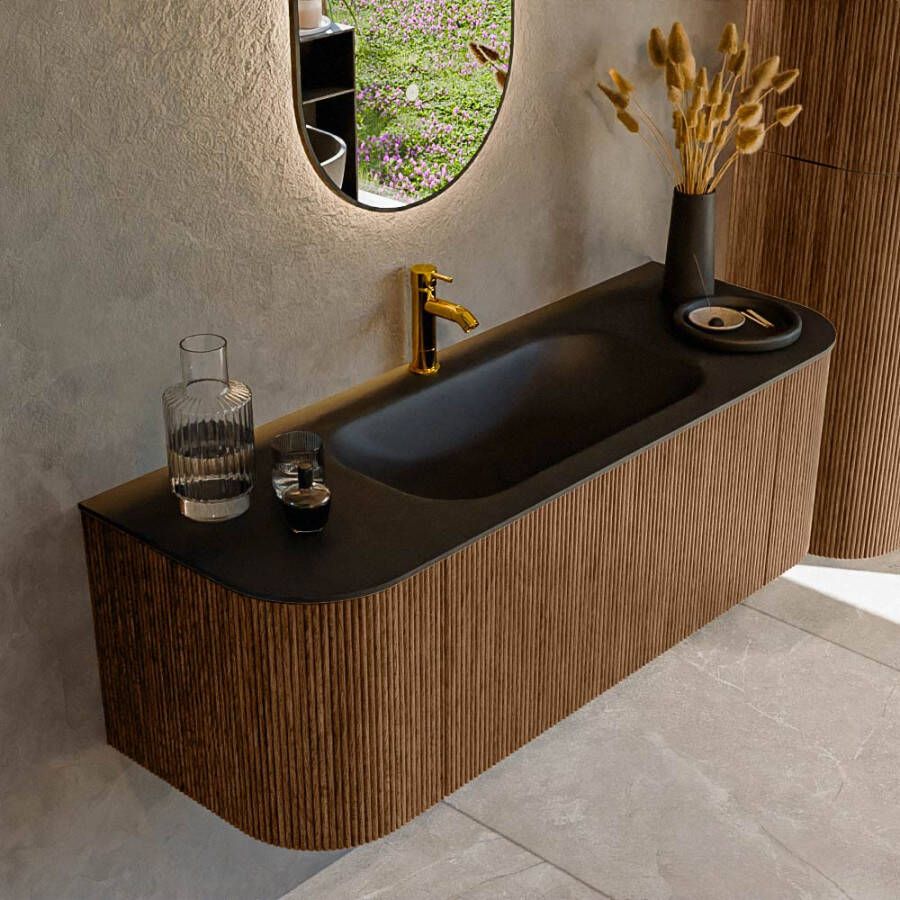 Mondiaz KURVE 130cm badmeubel met module 25 Len R kleur Walnut met 1 lade en 2 deuren. Wastafel BIG SMALL midden 1 kraangat Urban. KRVBGS130L+R1L2D1KM-Wal Urb