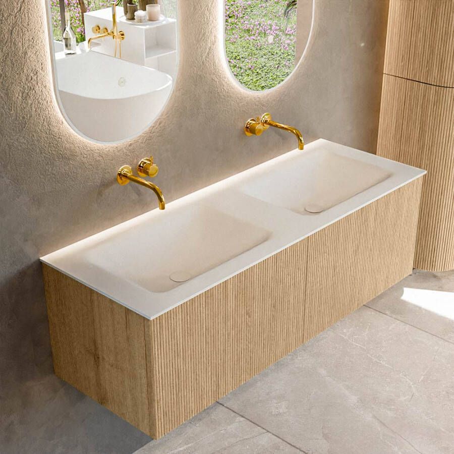Mondiaz KURVE 130 cm Onderkast Greeploos 2 Lades Zonder Deuren Oak Wastafel Solid Surface Dubbel Talc 0 Kraangaten Zonder Spiegel (KRVCLO1302L0D0KD-Oak Tal)