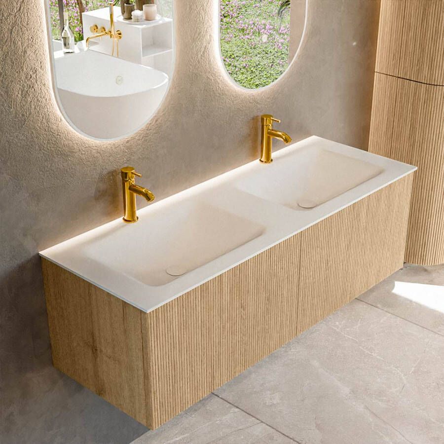 Mondiaz KURVE 130 cm Onderkast Greeploos 2 Lades Zonder Deuren Oak Wastafel Solid Surface Dubbel Talc 2 Kraangaten Zonder Spiegel (KRVCLO1302L0D2KD-Oak Tal)