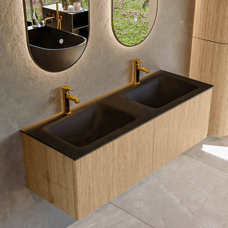 Mondiaz KURVE 130 cm Onderkast Greeploos 2 Lades Zonder Deuren Oak Wastafel Solid Surface Dubbel Urban 2 Kraangaten Zonder Spiegel (KRVCLO1302L0D2KD-Oak Urb)