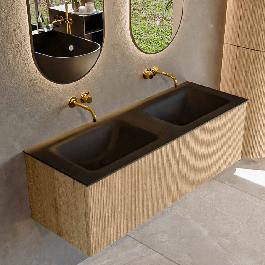 Mondiaz KURVE 130 cm Onderkast Greeploos 2 Lades Zonder Deuren Oak Wastafel Solid Surface Dubbel Urban 0 Kraangaten Zonder Spiegel (KRVCLO1302L0D0KD-Oak Urb)