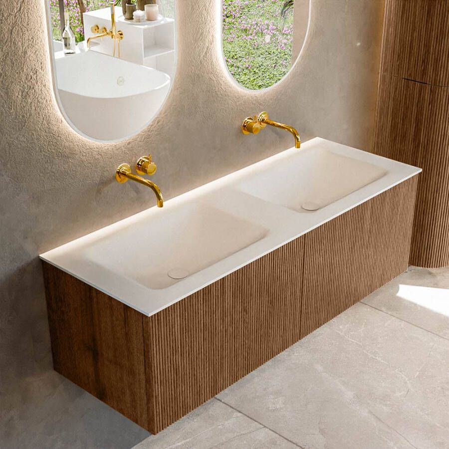 Mondiaz KURVE 130 cm Onderkast Greeploos 2 Lades Zonder Deuren Walnut Wastafel Solid Surface Dubbel Talc 0 Kraangaten Zonder Spiegel (KRVCLO1302L0D0KD-Wal Tal)
