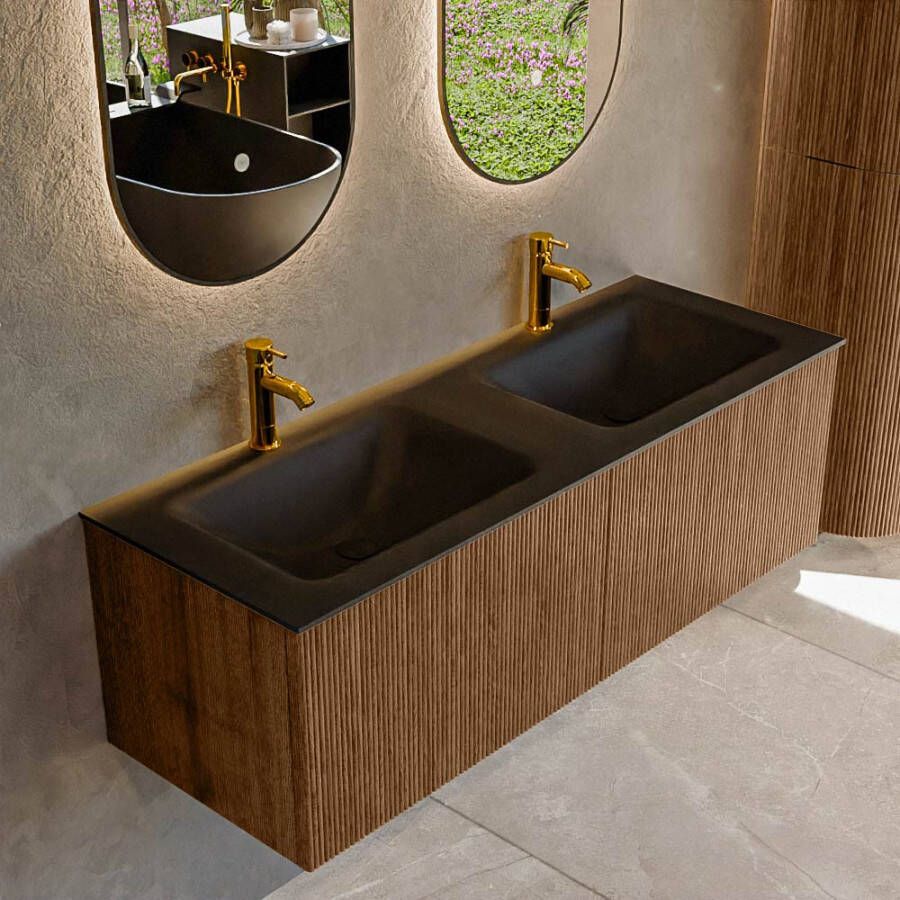 Mondiaz KURVE 130 cm Onderkast Greeploos 2 Lades Zonder Deuren Walnut Wastafel Solid Surface Dubbel Urban 2 Kraangaten Zonder Spiegel (KRVCLO1302L0D2KD-Wal Urb)