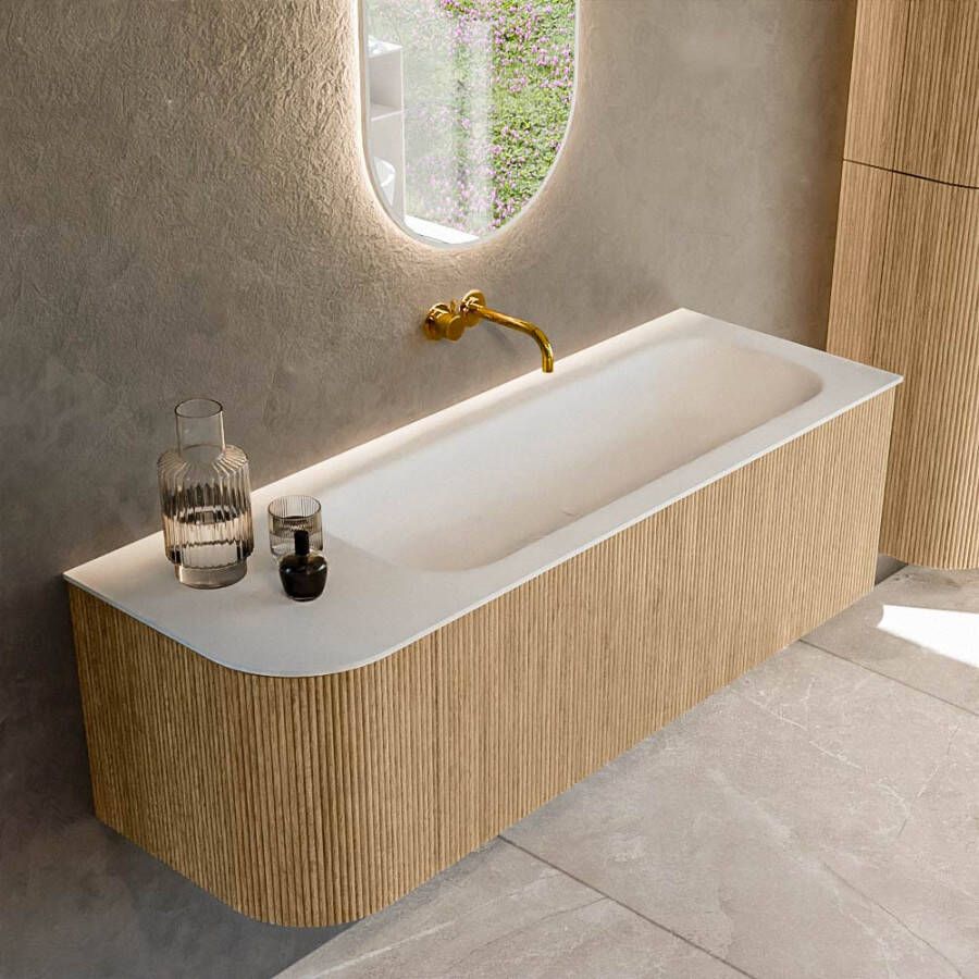 Mondiaz KURVE 135 cm Onderkast Greeploos 1 Lade Met Deuren Oak Wastafel Solid Surface Rechts Talc 0 Kraangaten Zonder Spiegel (KRVBGM135L1L1D0KR-Oak Tal)
